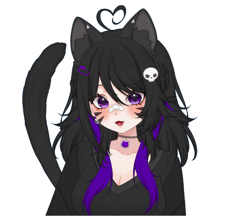 GhostlyKitten's catgirl avatar with black hair, purple streaks, cat ears and a skull hair clip